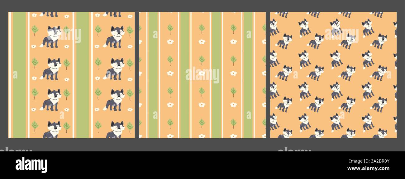 Cute forest animals patterns with fox and floral elements for decor and crafts. Stock Vector