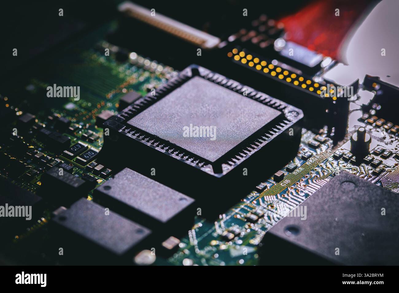 Computer circuit board closeup. CPU, central processing unit, electronic components and wiring Stock Photo