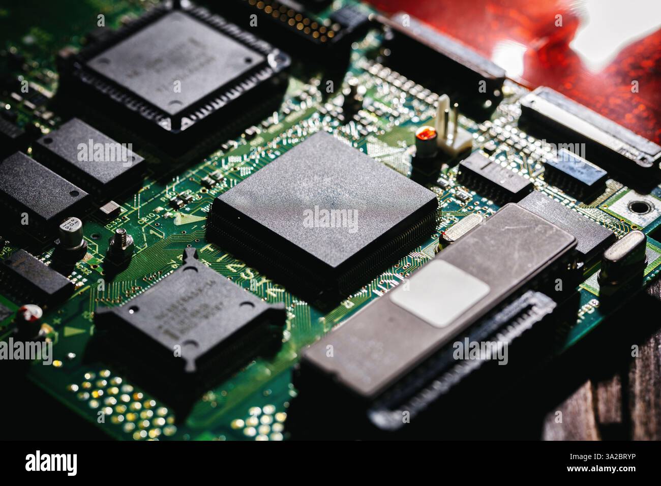 Computer circuit board closeup. CPU, central processing unit, electronic components and wiring Stock Photo