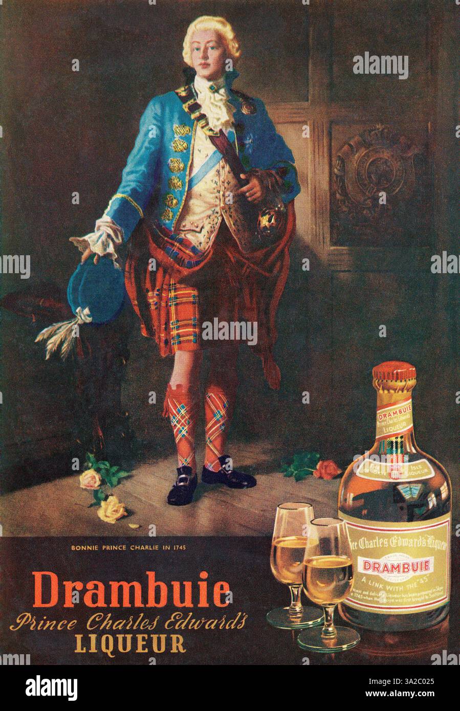 1955 British drink advertisement for Drambuie Prince Charles Edward's Liqueur. Stock Photo
