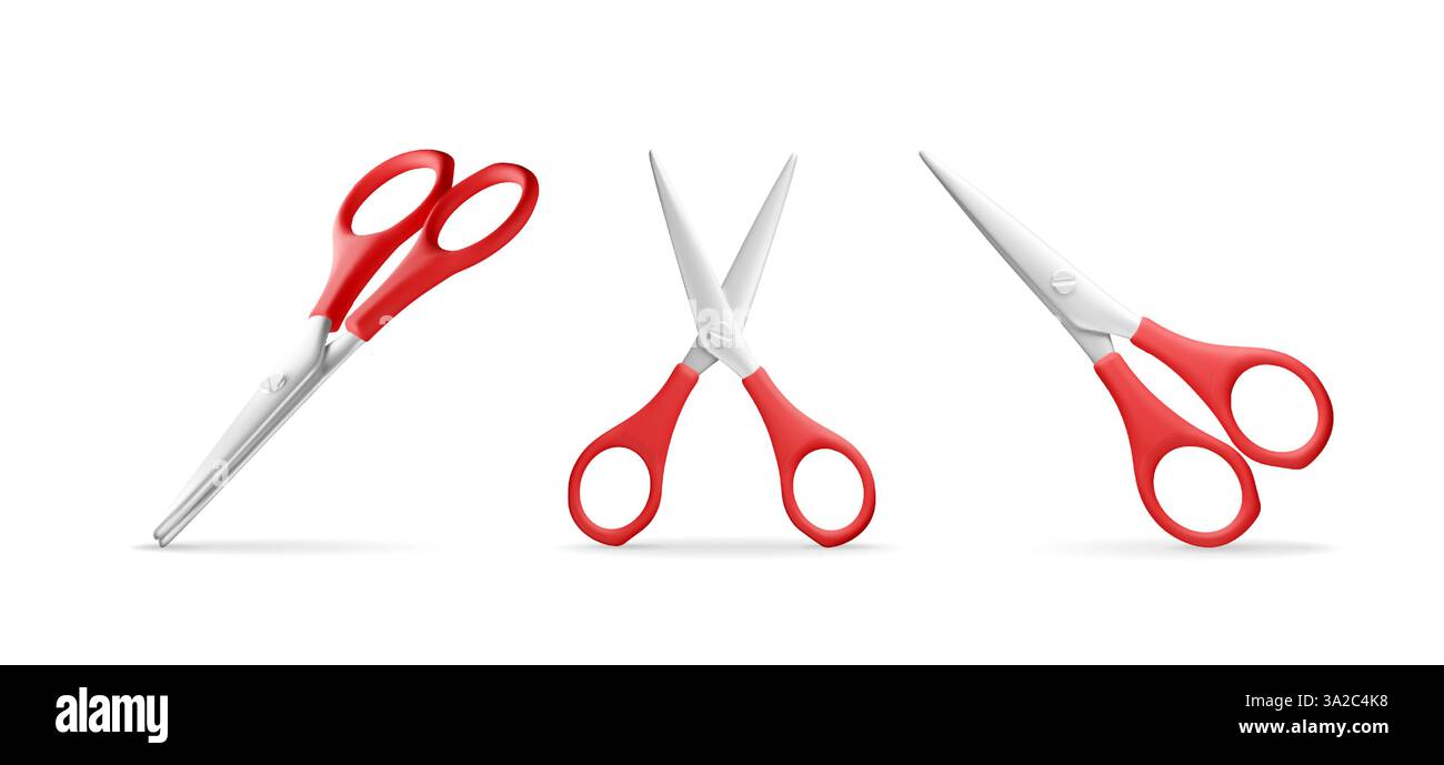 3D set of scissors with red plastic handles Stock Vector