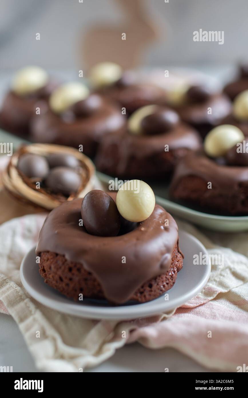 sweet home made easter chocolate donuts Stock Photo