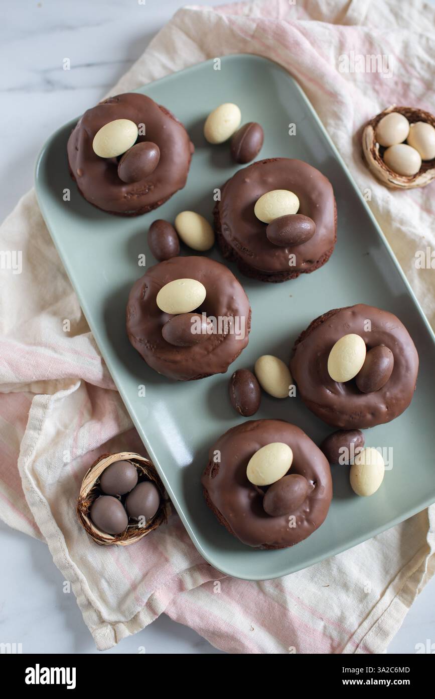 sweet home made easter chocolate donuts Stock Photo
