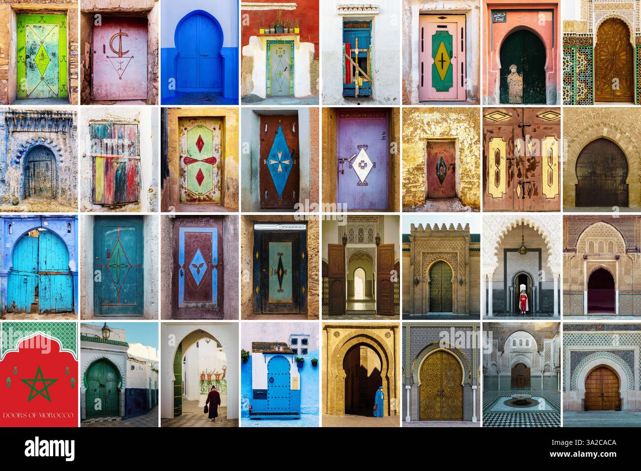 A vibrant array of Moroccan doors in a colourful collage. Stock Photo