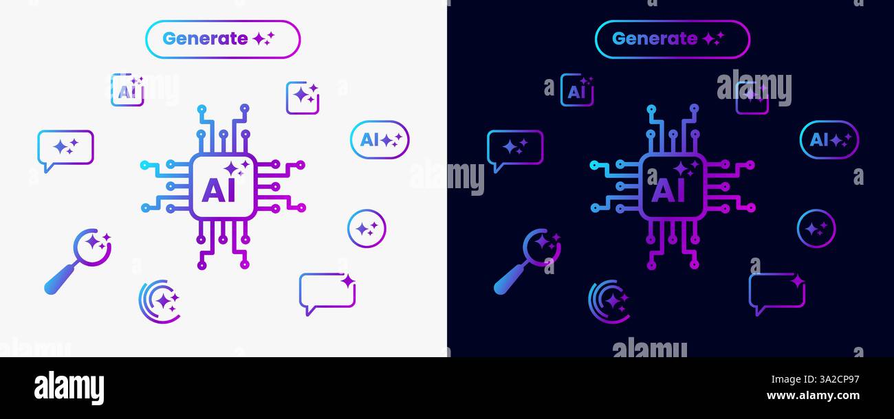 Artificial intelligence icons Ai, brain, tech chip Stock Vector