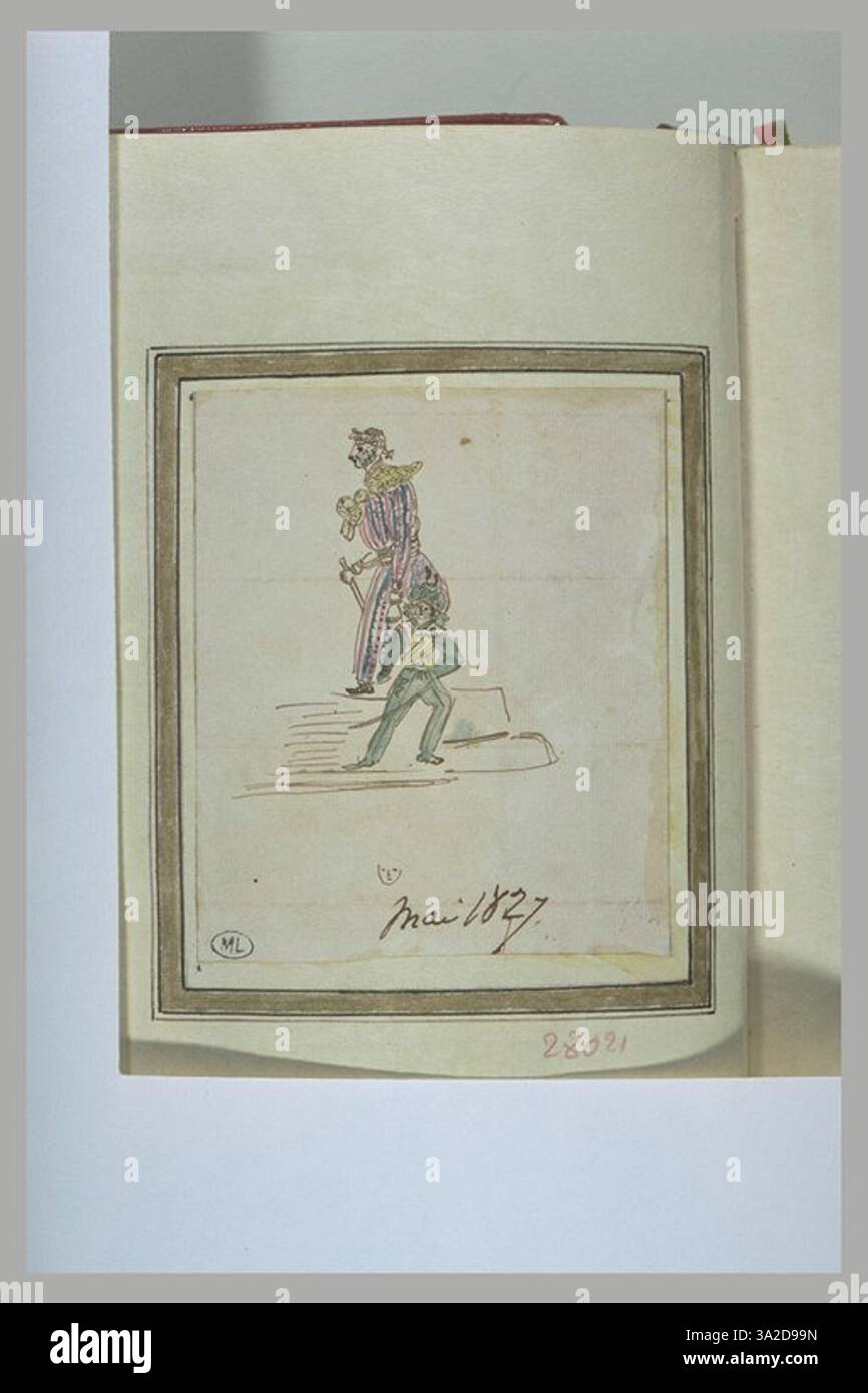 This drawing features two masks, likely representing theatrical or ...