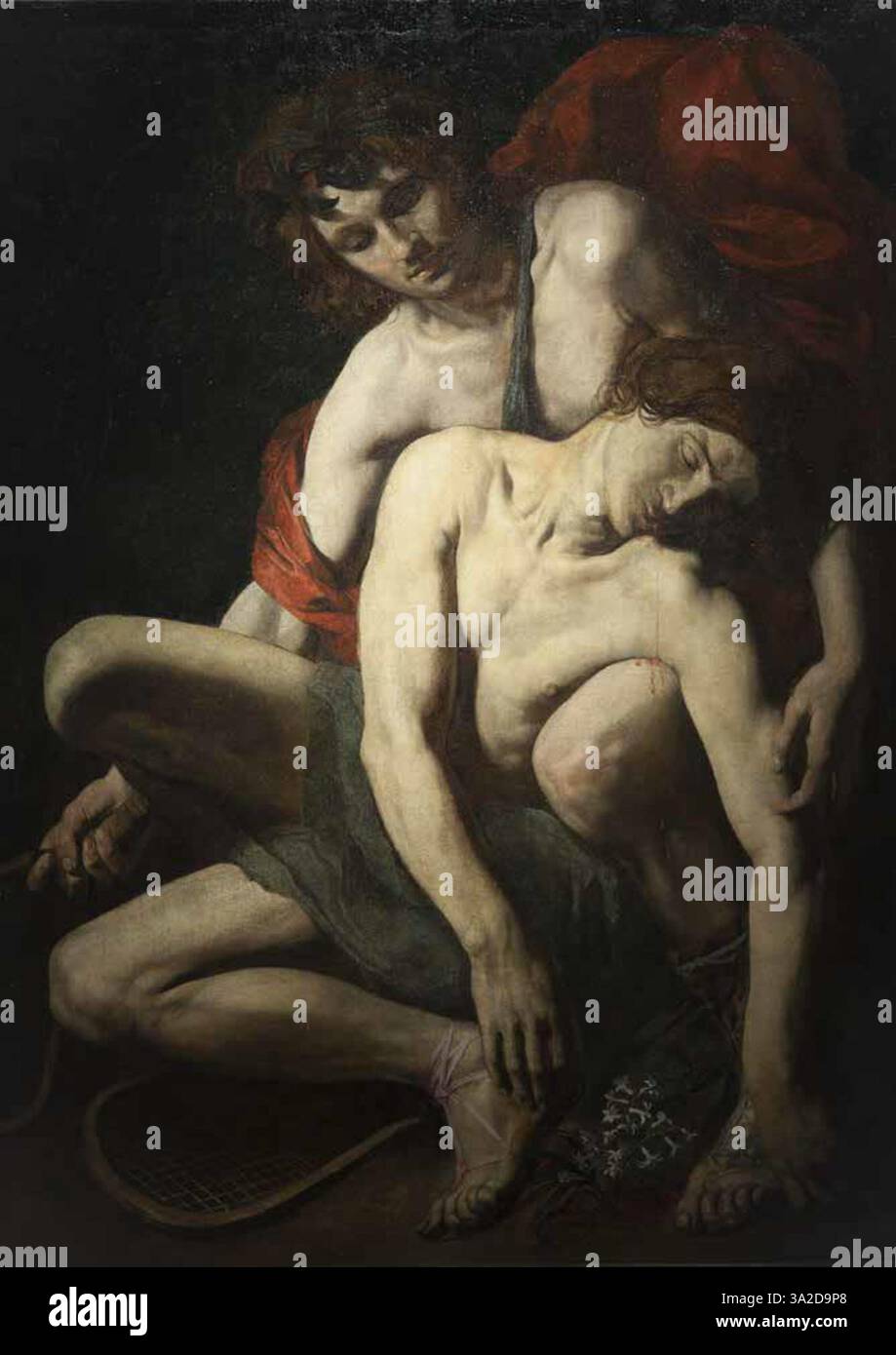 Valentin de Boulogne's 'Death of Hyacinth' captures the tragic moment of Hyacinth’s death, using dramatic lighting and vivid realism to highlight the grief and sorrow of the scene. Stock Photo
