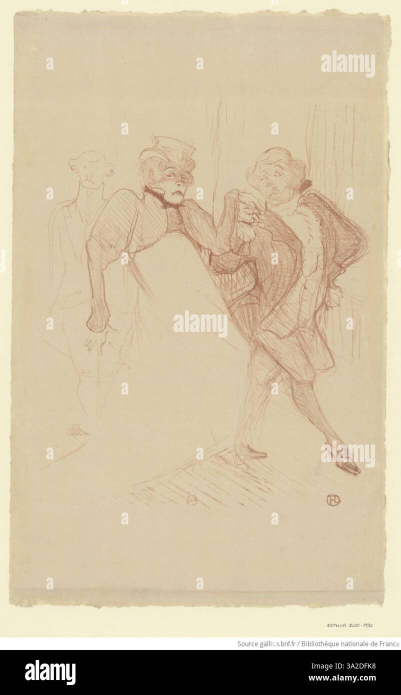 In this work, Toulouse-Lautrec illustrates the actors Réjane and Galipaux performing in *Madame Sans-Gêne*. The dynamic poses and strong facial expressions reflect the high energy of the theatrical production. Stock Photo