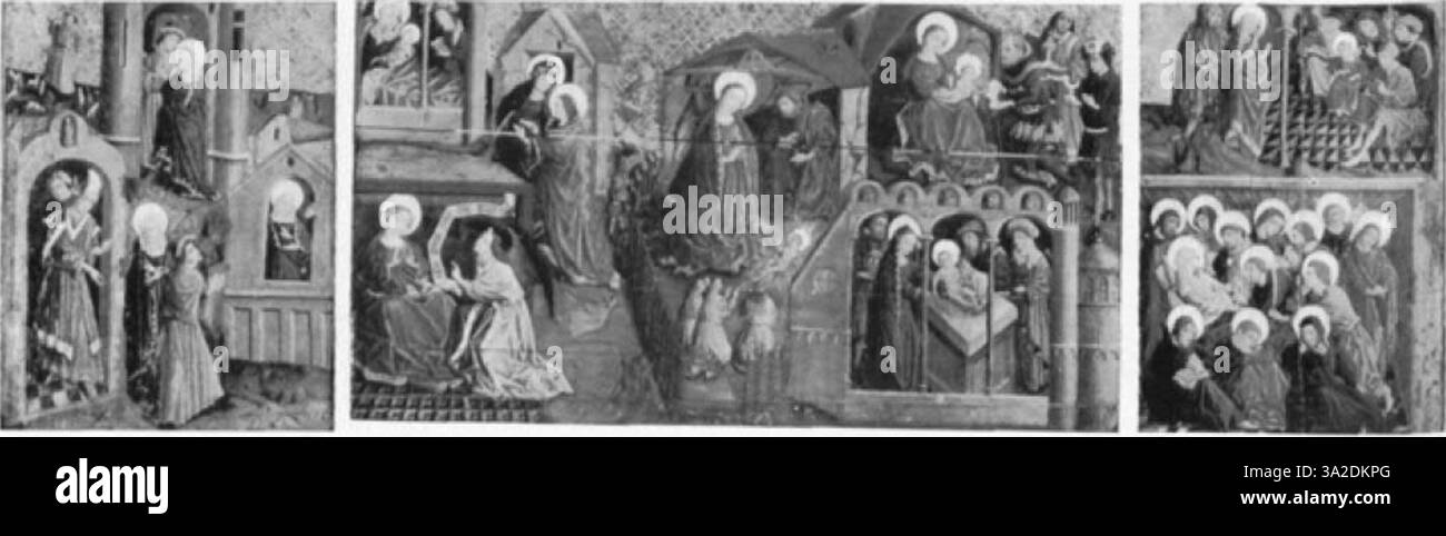 The artwork portrays a devotional scene with figures in prayer ...