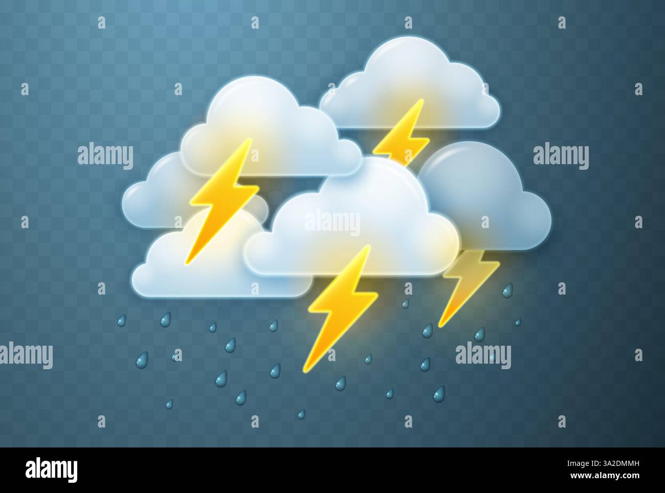 Clouds with lightning and raindrops isolated on dark background. Vector 3d illustration. Stock Vector