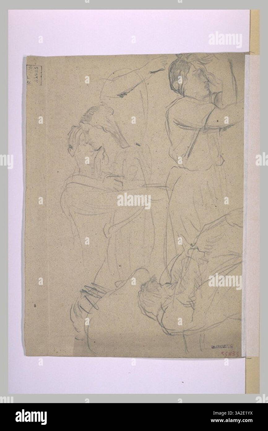 This drawing shows a couple in an embrace, with one figure lying asleep ...