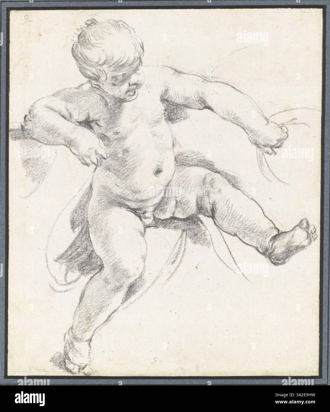 This copy of Guido Reni’s work depicts a child sitting on drapery