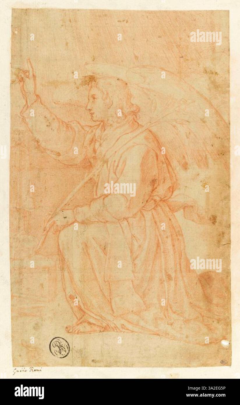 This copy of Guido Reni’s work features an angel kneeling and holding a