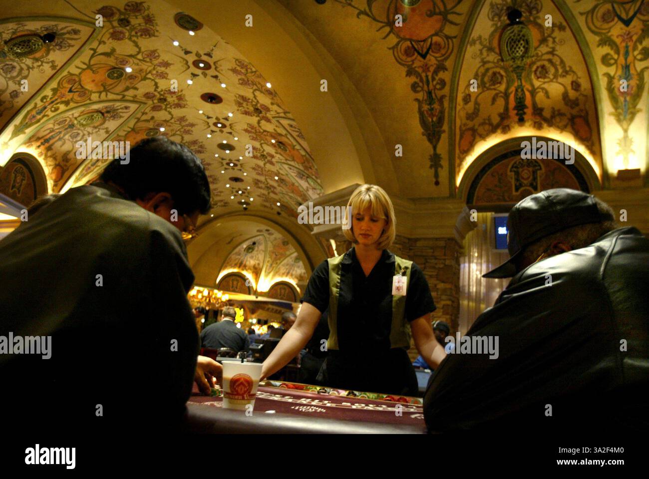 third or jump -- Summer Parker deals the cards out to some gamblers on the casino floor. The ceilings were hand painted thoughout the building. Picture taken Friday, November 21, 2003 at the Thunder Valley Casino. (Credit: © Sacramento Bee/ZUMAPRESS.com) Stock Photo