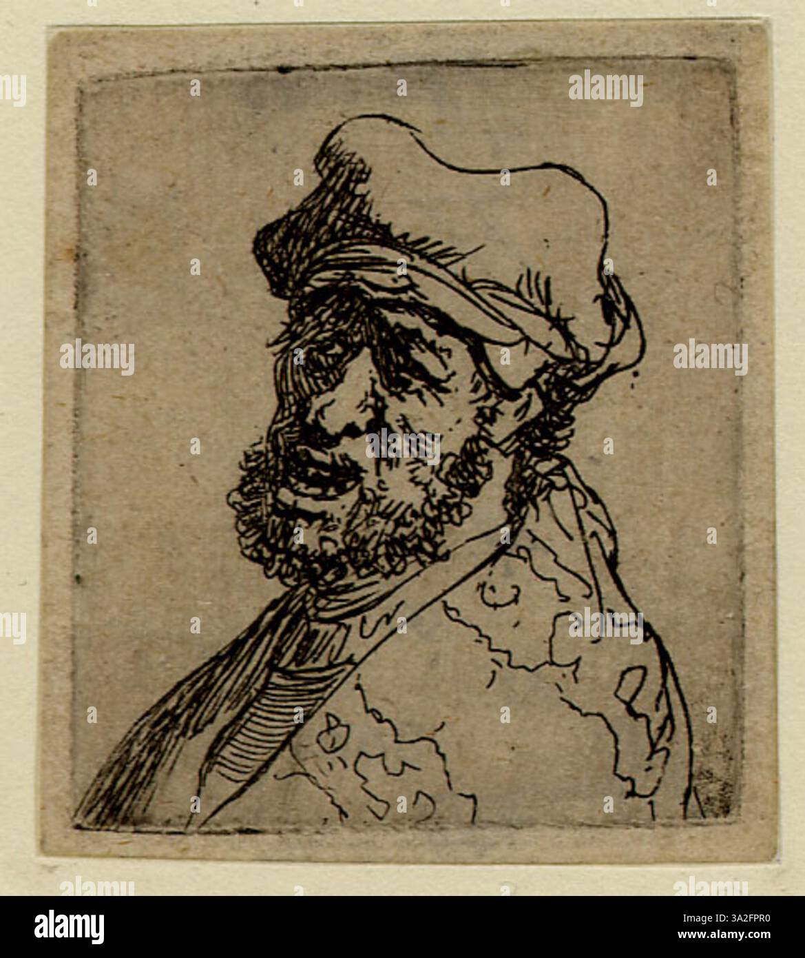 This etching, featured in the White & Boon catalog, exemplifies Rembrandt’s technique in capturing profound human emotion through subtle contrasts of light. Stock Photo