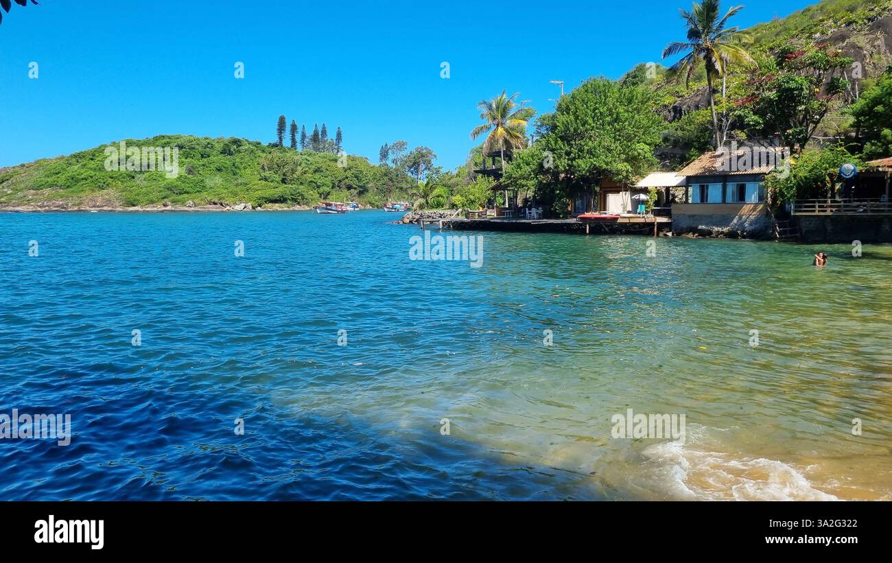 A tranquil waterfront scene where nature and human habitation blend harmoniously. - Smartphone Captured Stock Image