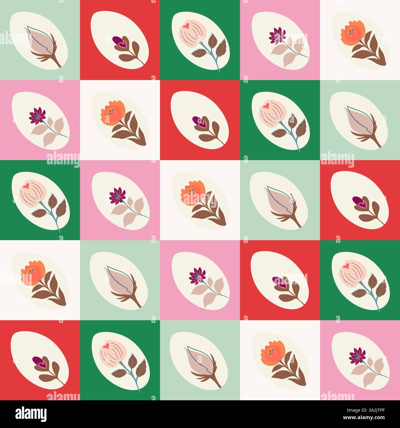 Seamless checkered pattern with bright Easter eggs decorated with flowers inside in different bright shades. Stock Vector