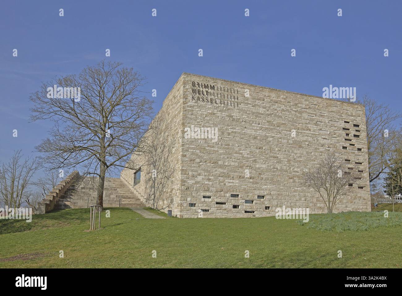 Building of Grimmwelt Museum with open staircase and inscription, GRimm ...