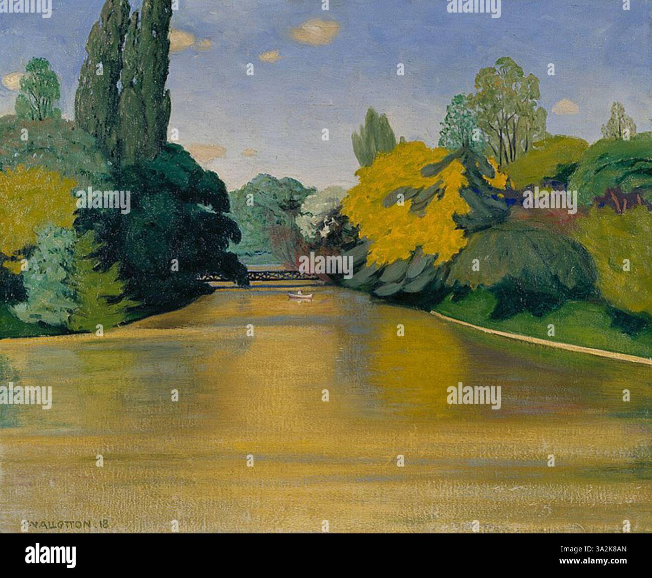 'Le lac du Bois de Boulogne' depicts a serene lake scene in the Bois de Boulogne park. Vallotton emphasizes the tranquility of the natural environment with soft lighting and muted colors. Stock Photo