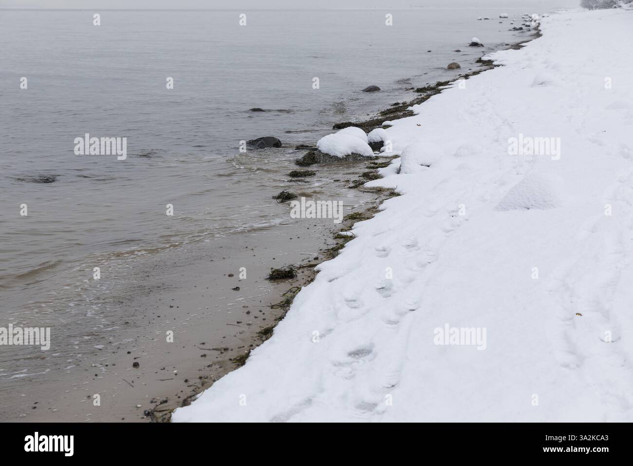 Calm Baltic Sea and snow on the beach, Am Schwarzen bush, Poel Island, Mecklenburg-Vorpommern, Germany, Europe Stock Photo