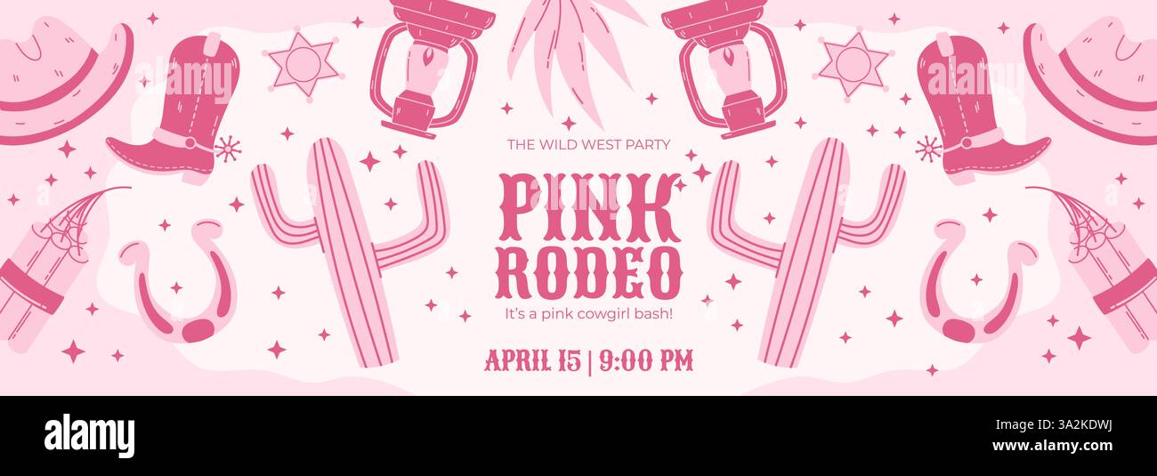Pink Pro Rodeo Pink Rodeo Party Horizontal Banner with Cowboy Hats, Boots, Cactus ...