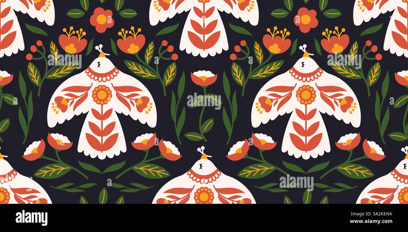 Seamless Folk Art Pattern with Stylized Birds and Floral Motifs in ...
