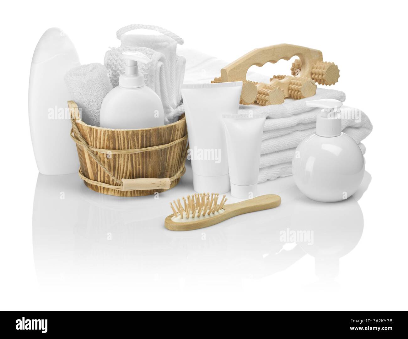 Wooden and plastic objects for bathing Stock Photo