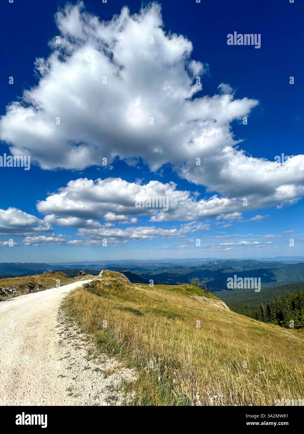 A winding gravel road leading to the peak of Mount Jahorina, surrounded by breathtaking mountain landscapes and fresh air - Smartphone Captured Stock Image