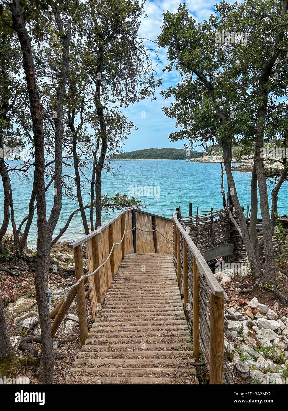 A picturesque wooden path leading to the crystal-clear seashore in Istria, Croatia. Surrounded by nature, perfect for travel and coastal scenery theme - Smartphone Captured Stock Image
