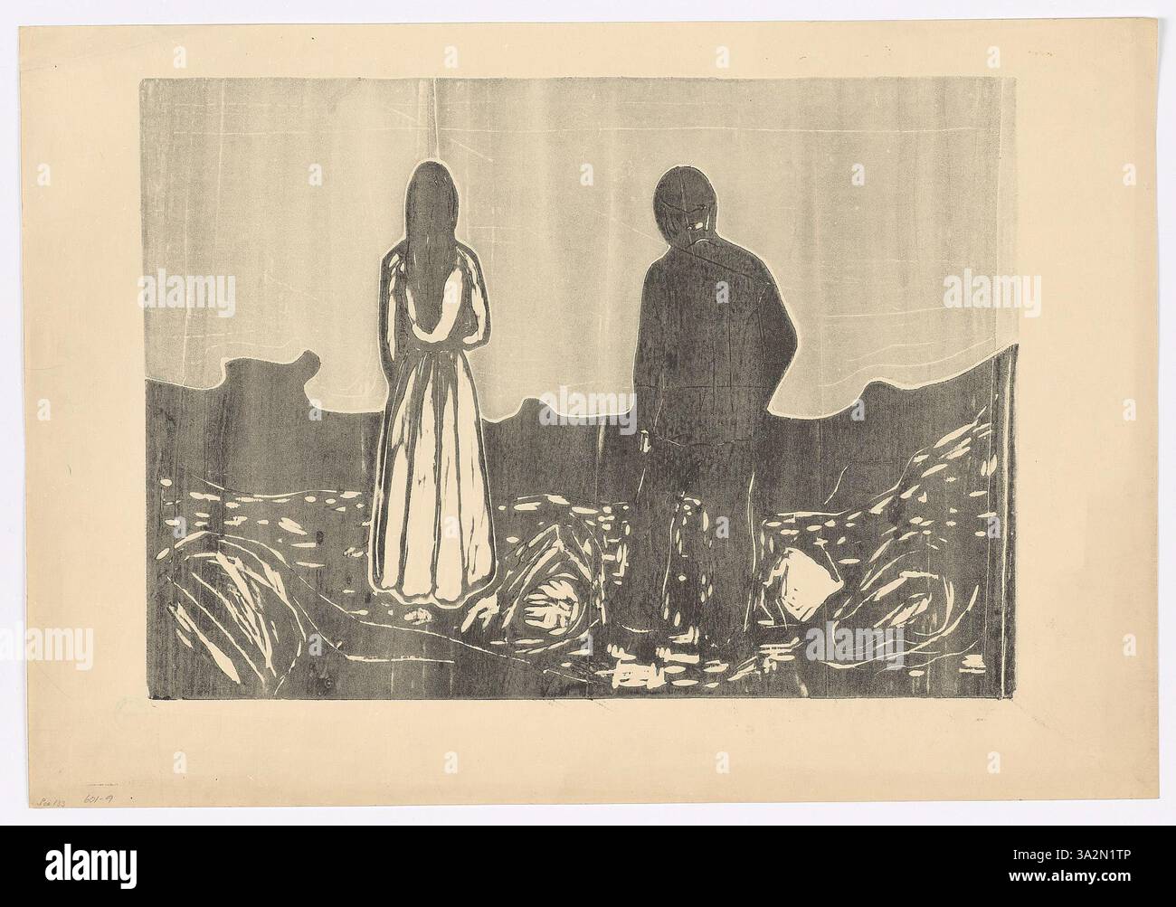 In this image, two isolated figures stand against a sparse, desolate ...