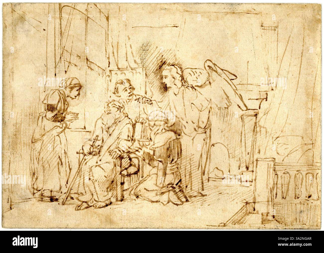 Attributed to Willem Drost, this painting illustrates the biblical story of Tobias restoring his father's sight. The artist employs light and shadow to emphasize the divine nature of the act and the emotional connection between father and son. Stock Photo