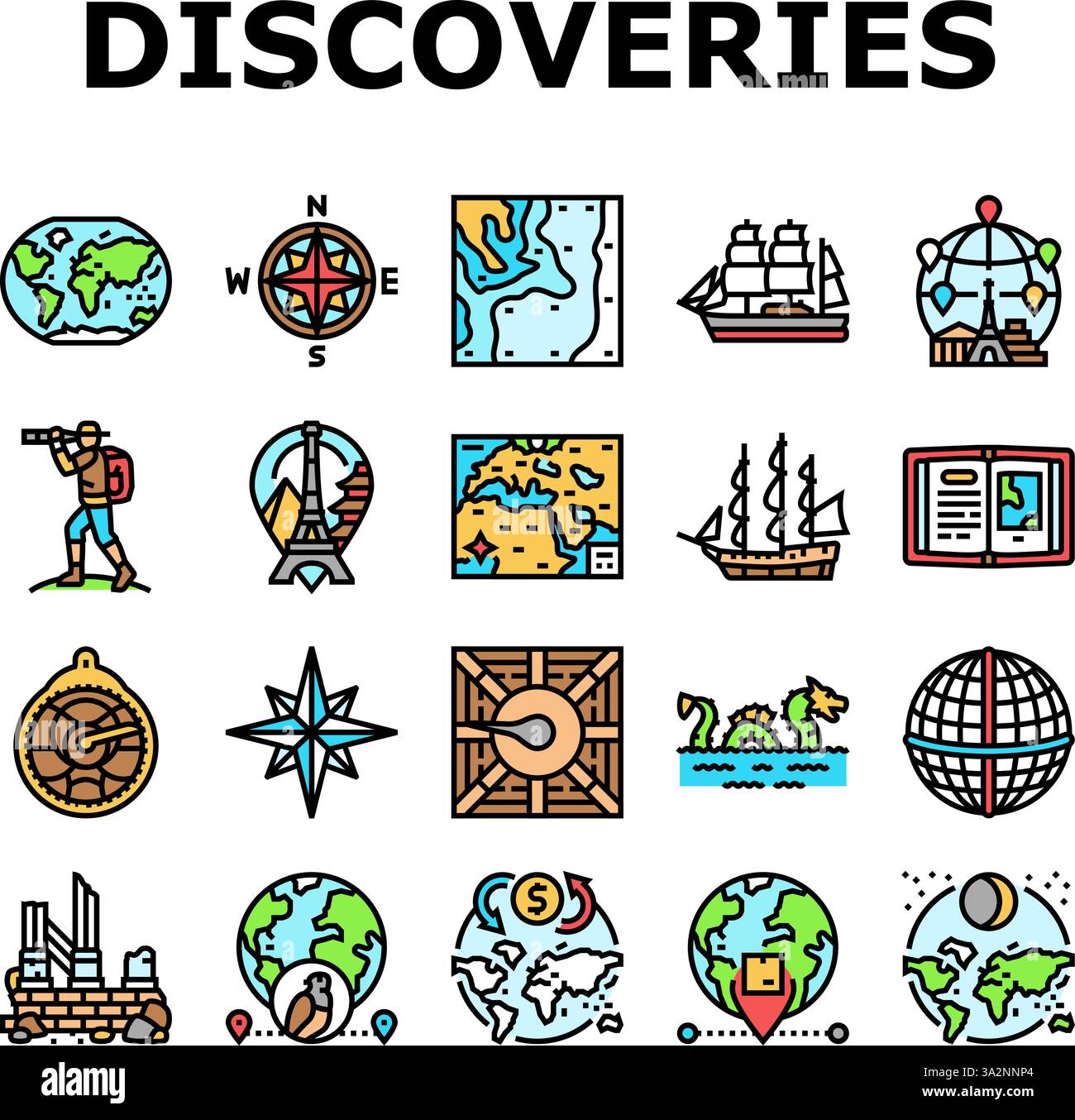 great geographical discoveries icons set vector Stock Vector Image ...