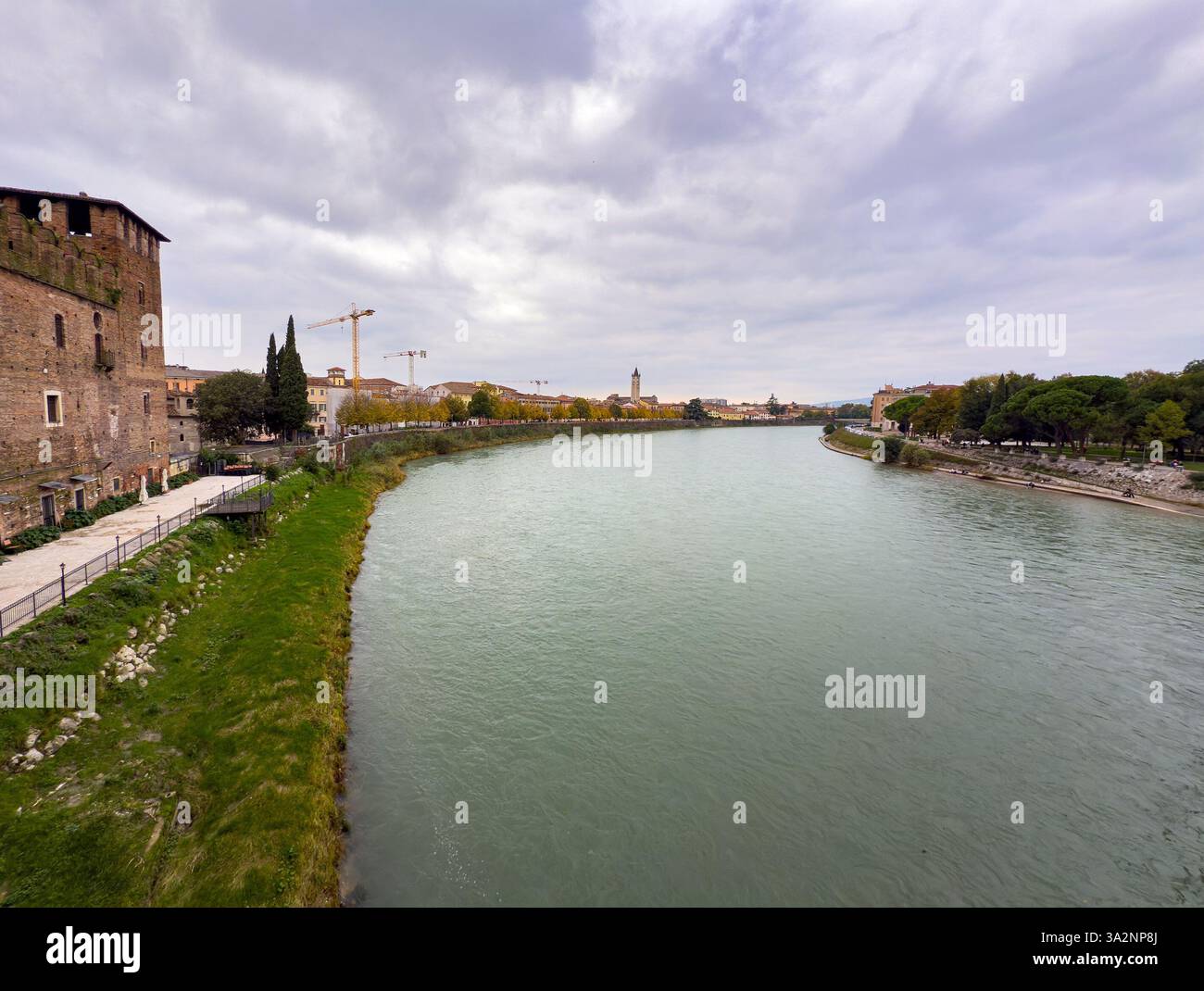 Cityscape of Verona city in Italy with Adige river and construction ...