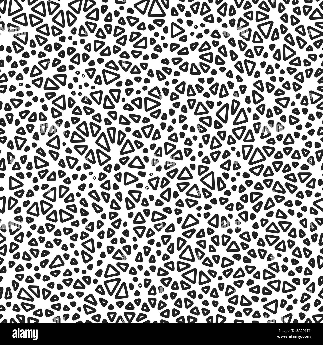 Background with triangles pattern. Tiny triangles size. Black and white style. Rounded triangles outlined. Repeatable pattern. Monochrome contrast. Stock Vector