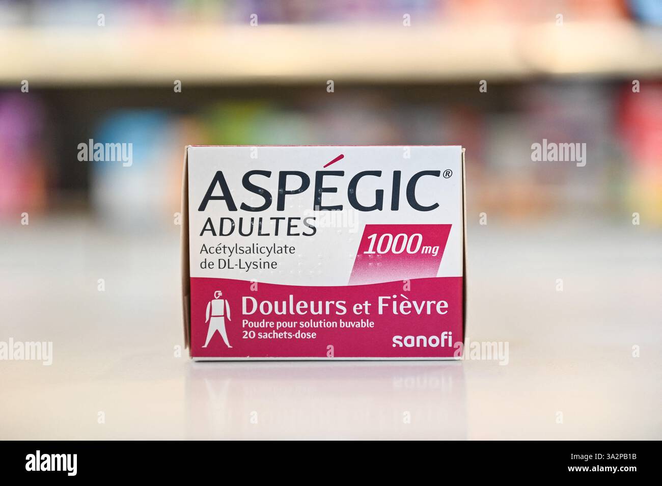 Paris, France. 13th Mar, 2025. illustration of a box of Aspegic in a ...