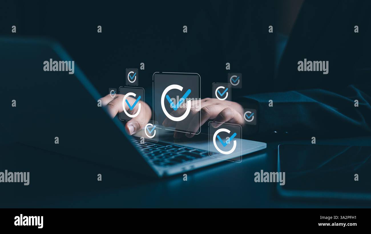 Answer the test questions, Online survey exam Choosing the right answer in the exam, Businessman take an assessment, Check list, Questionnaire, Fillin Stock Photo
