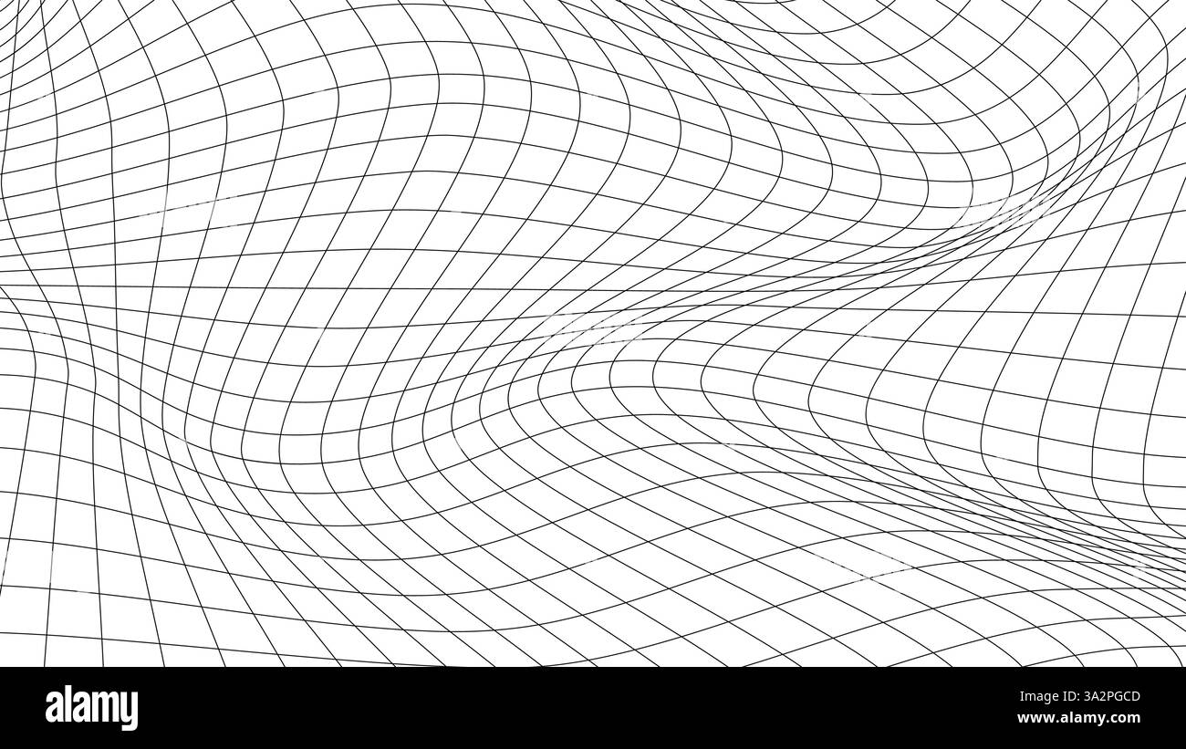 Distorted wave monochrome texture. dynamical rippled surface. Vector mesh grid pattern of lines Stock Vector