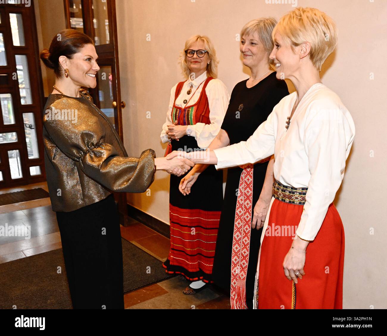 Stockholm, Sweden. 13th Mar, 2025. Crown Princess Victoria is received by principal Piia Paljak, Leane Riiser and Mimmi Kask when the Estonian School in Stockholm, founded on March 15, 1945, celebrates its 80th anniversary with a school concert in Stockholm's concerthall in Stockholm, Sweden on march 13, 2025.Photo: Jonas Ekströmer/TT/Code 10030 Credit: TT News Agency/Alamy Live News Stock Photo