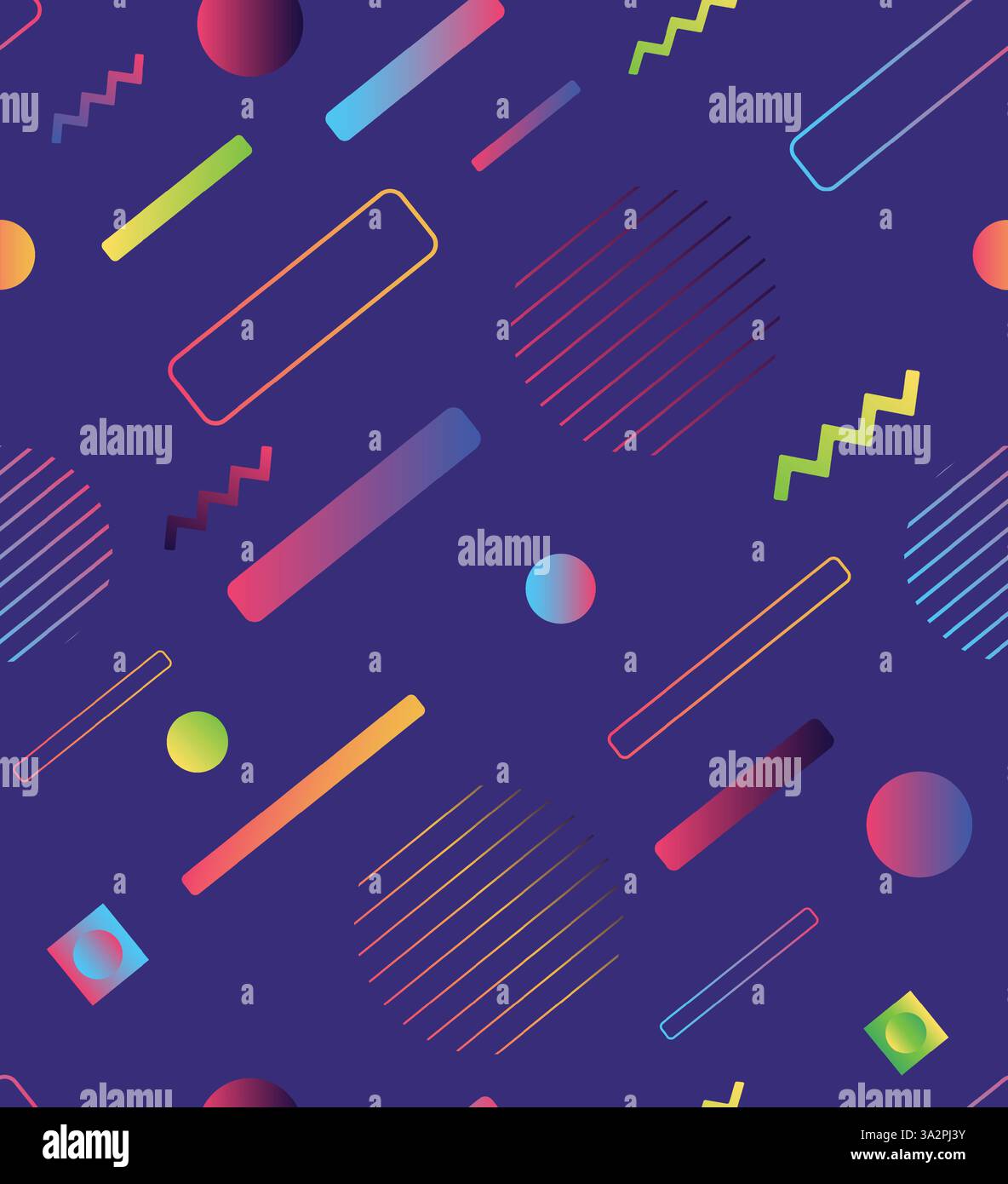 Geometric Abstract Space Galaxy Style Memphis Seamless Pattern with Dark Background. Stock Vector