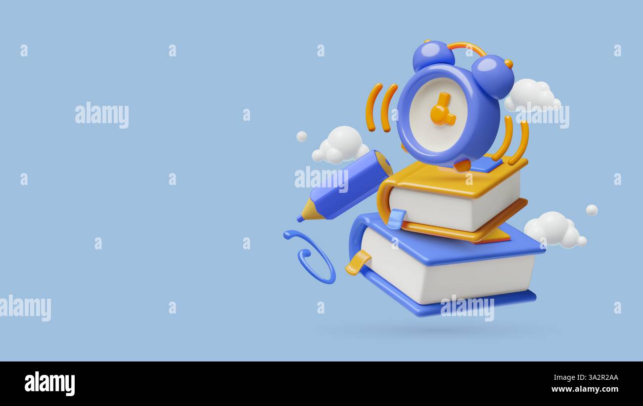 Educational 3d vector background with books stack, alarm clock, pen flying in clouds Stock Vector