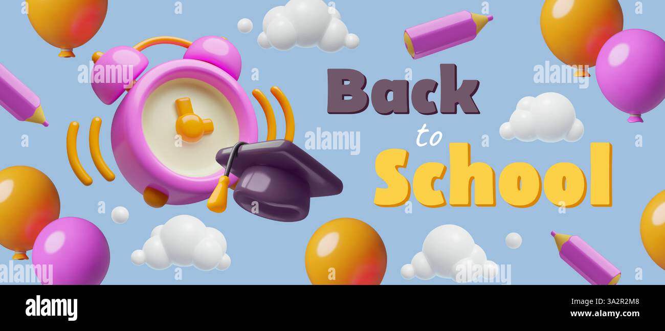 Back to school 3D vector banner with ringing alarm clock pencil and ...