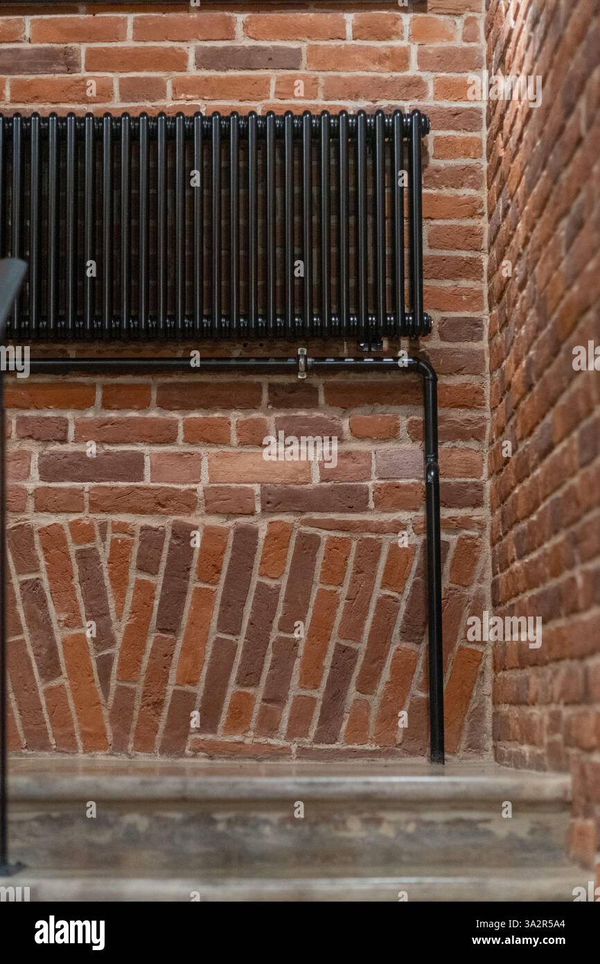 The setting features a black radiator affixed to a textured brick wall ...