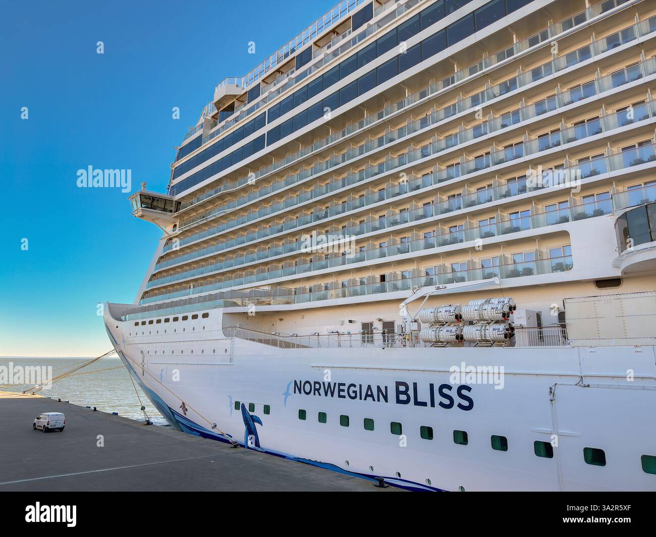 Lisbon, Portugal - 13 January 2025: Cruise ship Norwegian Bliss docked in the port of Lisbon. The vessel is operated by NCL Norwegian Cruise Line. - Smartphone Captured Stock Image