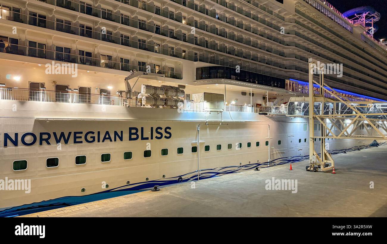 Lisbon, Portugal - 13 January 2025: Cruise ship Norwegian Bliss docked in the port of Lisbon. The vessel is operated by NCL Norwegian Cruise Line. - Smartphone Captured Stock Image