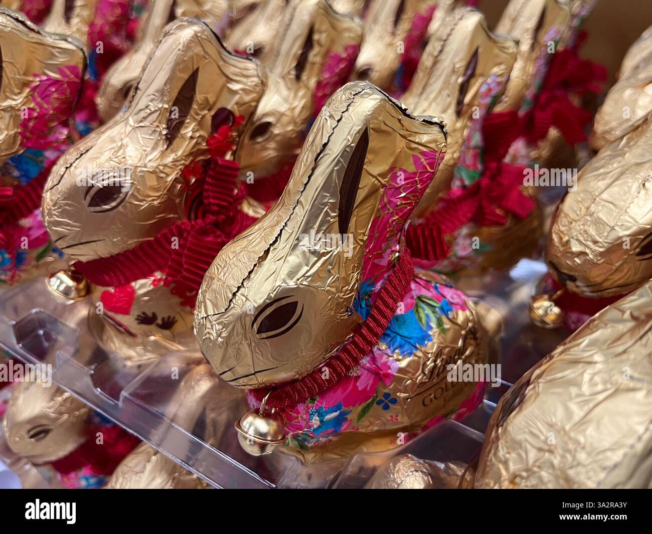 Lindt, Easter, Gold Bunny, chocolates, Easter treats, Easter chocolates, chocolate products, gold bunny Easter eggs, traditional sweets, 2025 - Smartphone Captured Stock Image