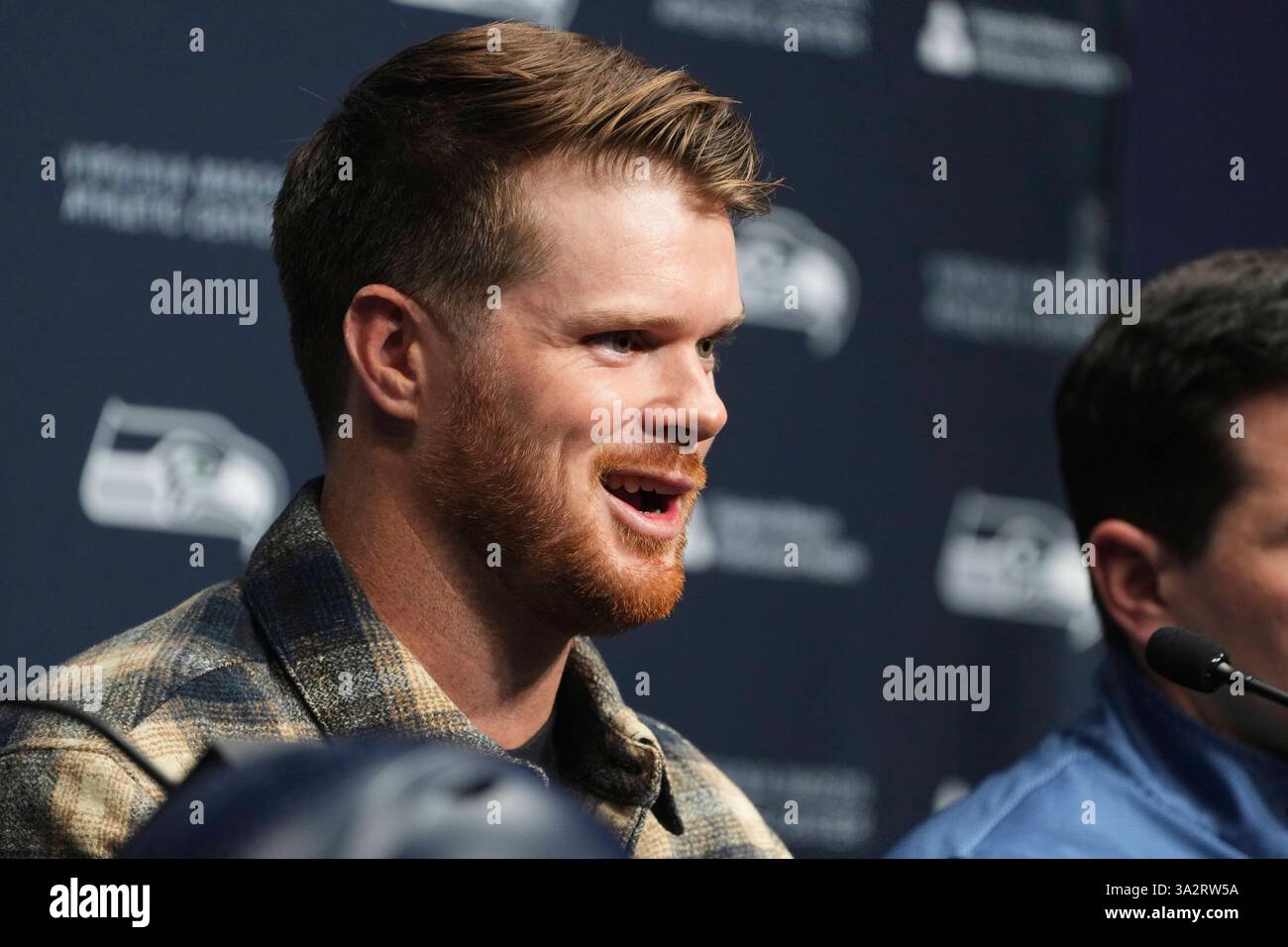Seattle Seahawks quarterback Sam Darnold speaks during an introductory ...