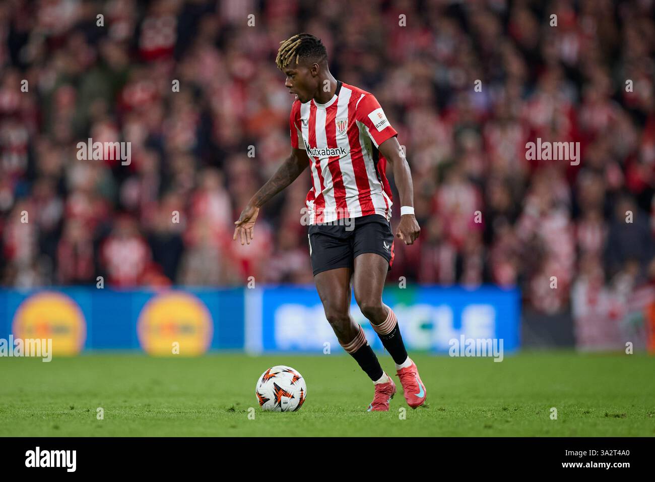 Nico Williams of Athletic Club in action during the UEFA Europa League 2024/25 Round of 16