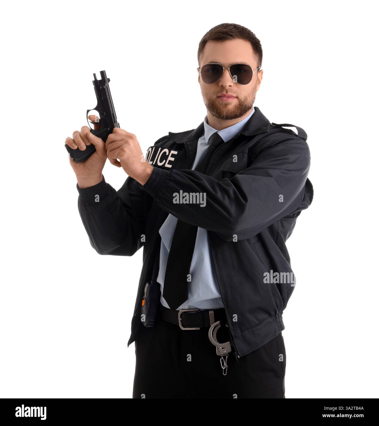 Male police officer wearing sunglasses with gun on white background — free download