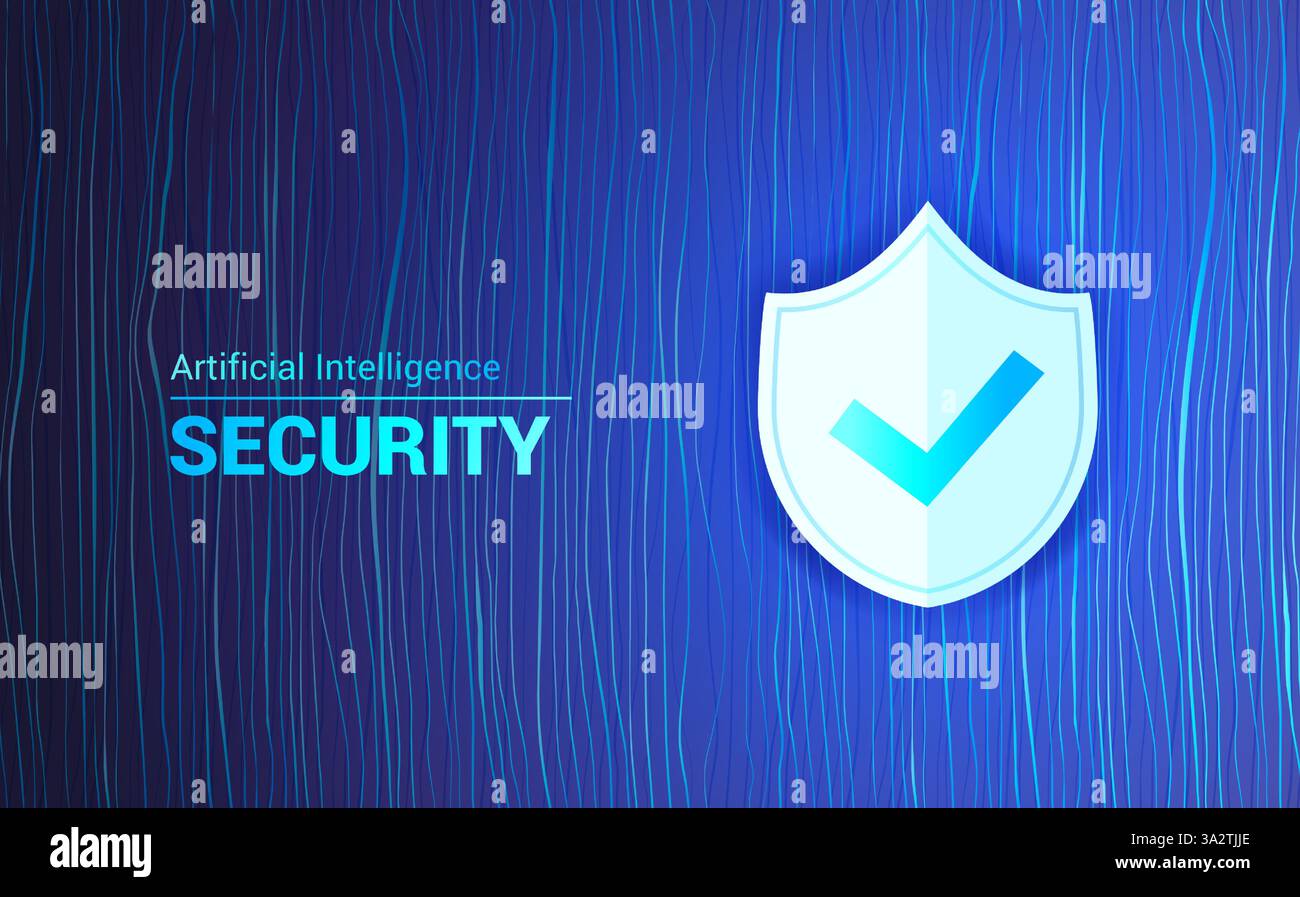 Artificial Intelligence Cyber Security Concept, Vector Shield or Lock Icon with Checkmark on Wavy Patterned Threads Horizontal Background for Internet Stock Vector