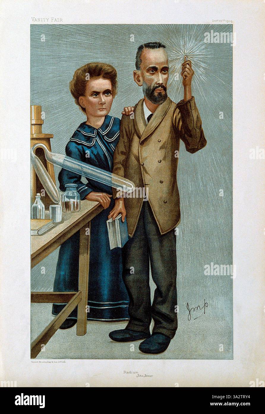 Marie and Pierre Curie, he holding up a glowing specimen of radium. Colour lithograph by Vincent Brooks, Day & Son after J. M. Price [Imp, JMP], 1904. Stock Photo